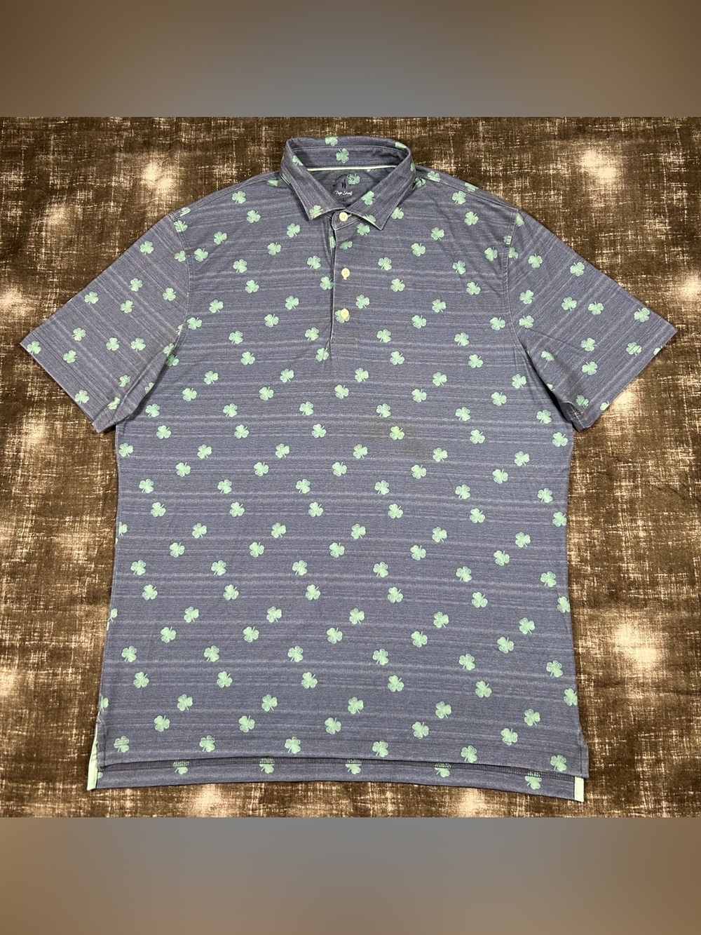 Johnnie-O Top Shelf Polo Mens Large Blue Lake Lucky Strike Clover AOP Golf Shirt